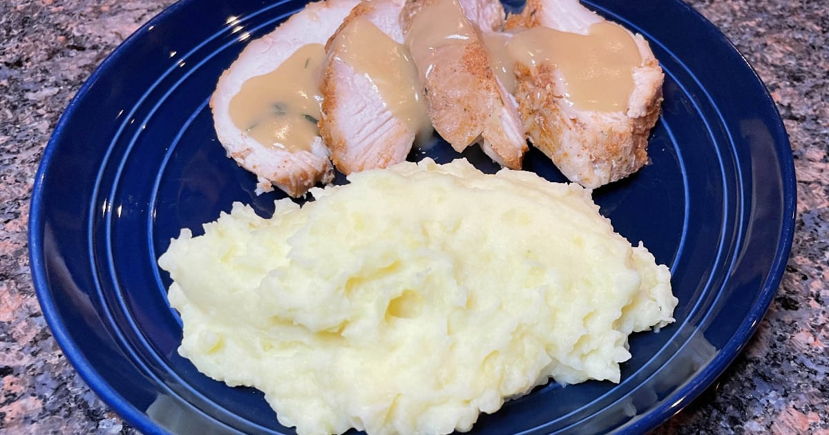 Garlic mashed potatoes, prepared on plate.