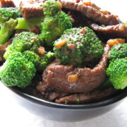 Beef with broccoli prepared in bowl