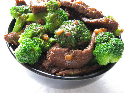 Beef with broccoli prepared in bowl
