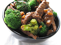 Beef with broccoli prepared in bowl