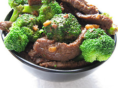 Beef with broccoli prepared in bowl
