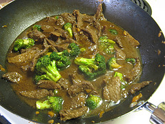 Beef with broccoli prepared in bowl