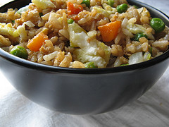 Chinese fried rice with egg and vegetables in a bowl