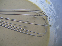 Bowl of whisked creamy sauce mixture for carbonara