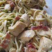 Plate of chicken carbonara pasta with spaghetti, peas, chicken pieces, and bacon