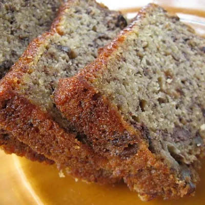 Close up view of prepared, sliced banana bread.