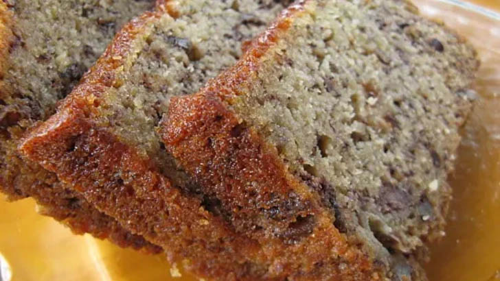 Close up view of prepared, sliced banana bread.