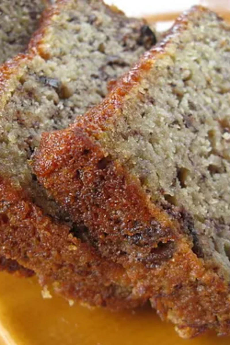 Close up view of prepared, sliced banana bread.