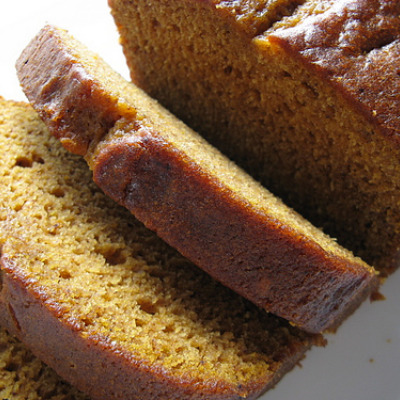 Top view of sliced, prepared pumpkin bread.