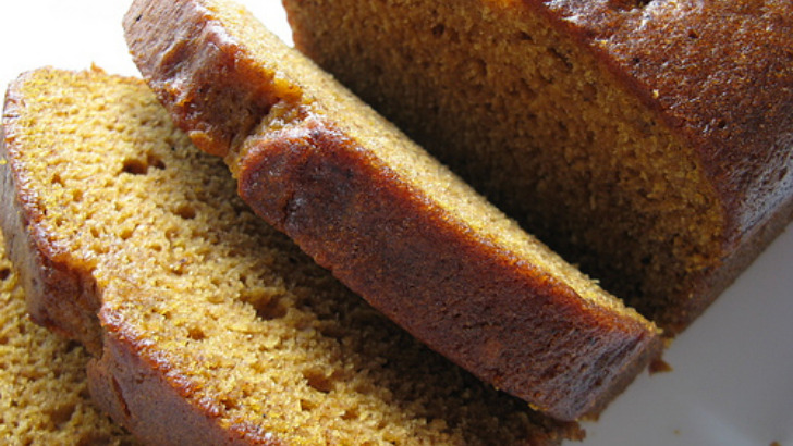 Top view of sliced, prepared pumpkin bread.