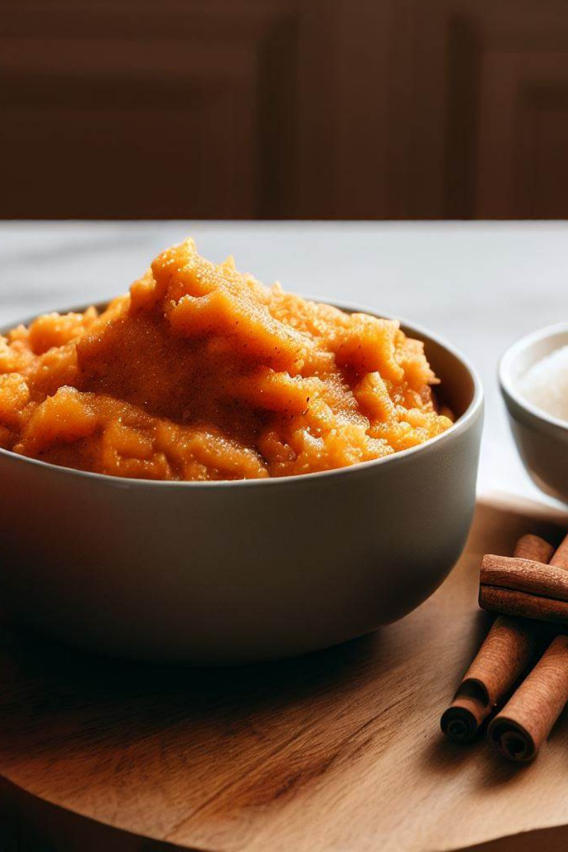 Pureed pumpkin in bowl, next to cinnamon sticks, and bowl of sugar on cutting board.