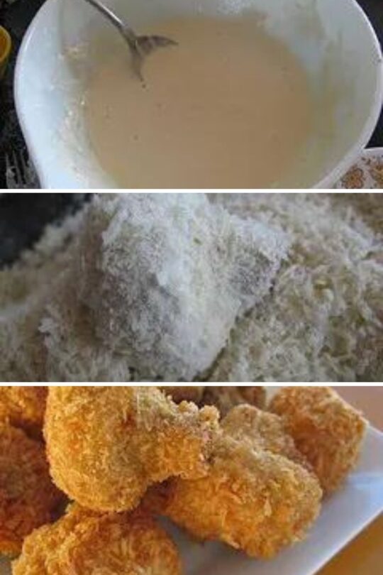Collage showing three steps of making fried mushrooms.