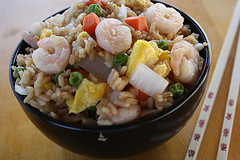 owl of shrimp fried rice with peas, carrots, onions, and scrambled eggs