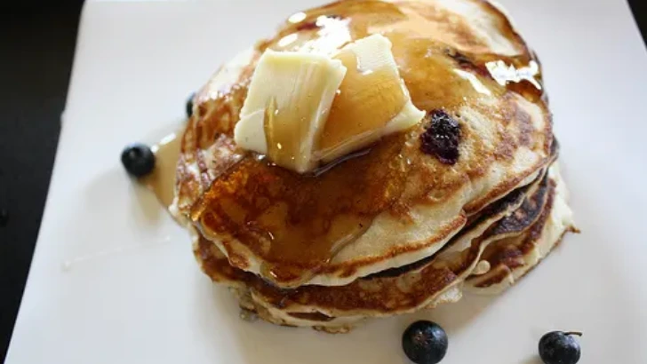 Close up of prepared blueberry pancakes.