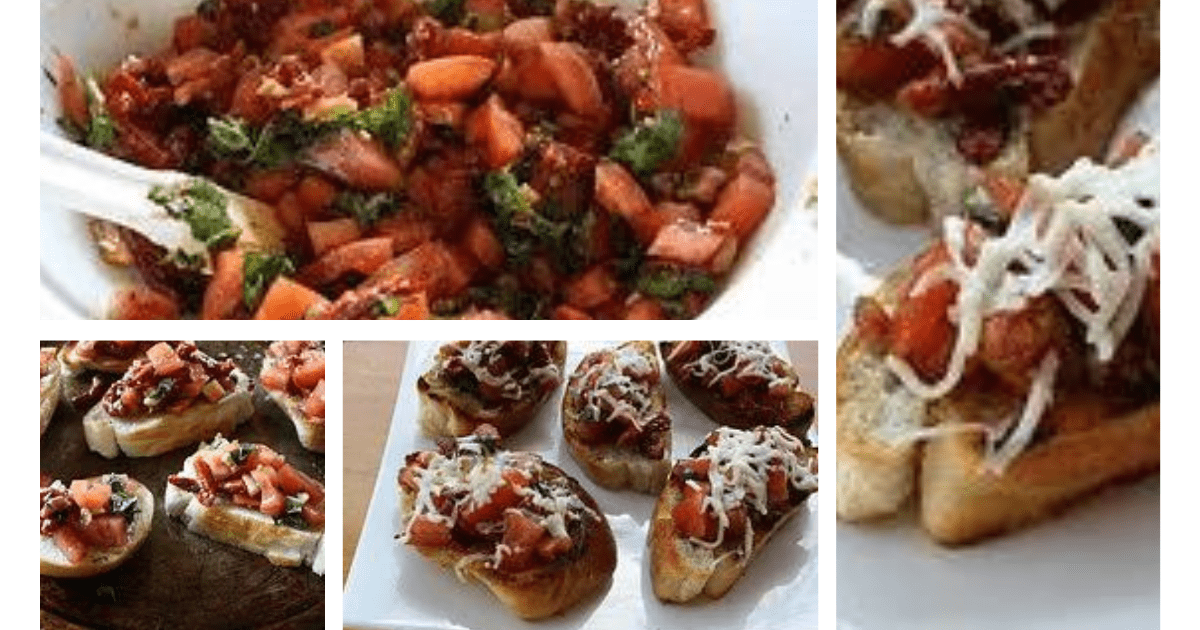 Collage of tomato bruschetta.