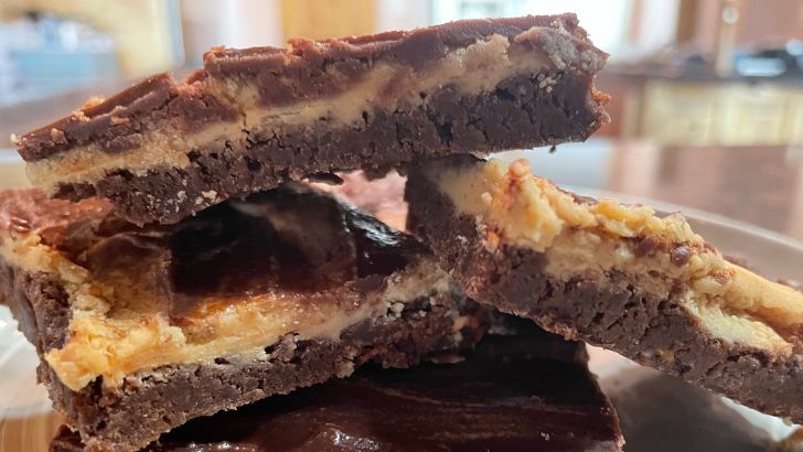 Close up of peanut butter chocolate brownies.