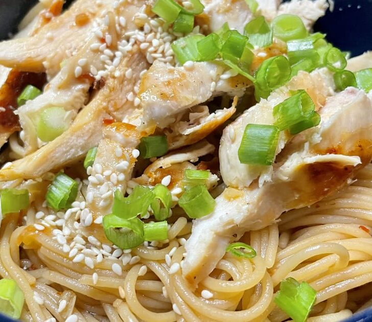 Close up, overhead view of sesame noodles with chicken.