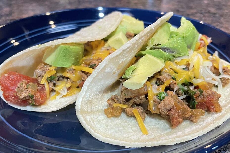 Prepared turkey tacos.