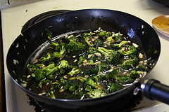 Skillet of vegetables simmering in Chinese brown sauce