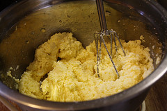 Preparing blueberry Bundt cake