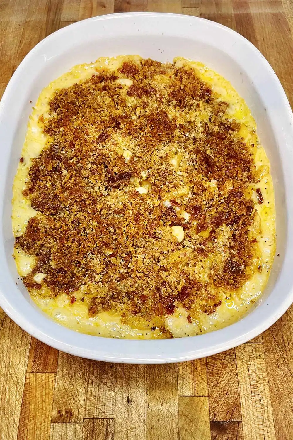 Prepared baked pasta and cheese with bacon breadcrumbs just out of the oven.