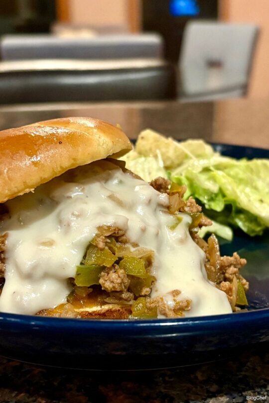 Prepared Philly cheese steak sloppy Joe sandwich