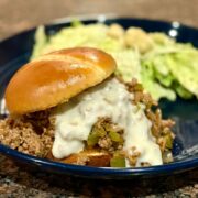 Prepared Philly cheese steak sloppy Joe sandwich
