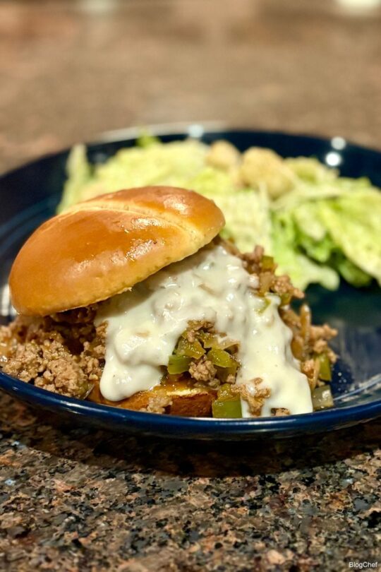 Prepared Philly cheese steak sloppy Joe sandwich