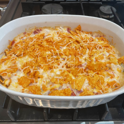 Close up of prepared Dorito Chicken Casserole.