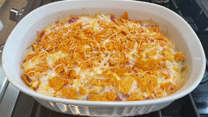 Close up of prepared Dorito Chicken Casserole.