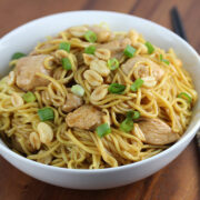 Charlie chan chicken pasta served in a white bowl