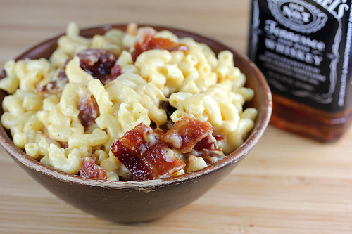 Jack Daniel’s mac and cheese in a bowl topped with bacon