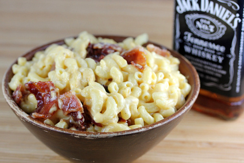 Jack Daniel’s mac and cheese in a bowl topped with bacon