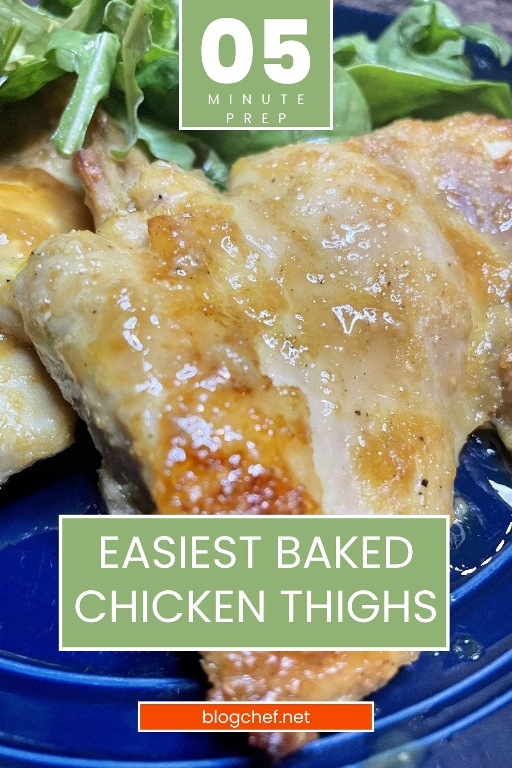 Baked chicken thighs, prepared on blue plate.