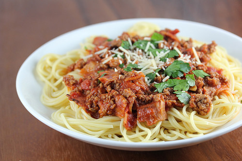 Bacon spaghetti prepared on plate