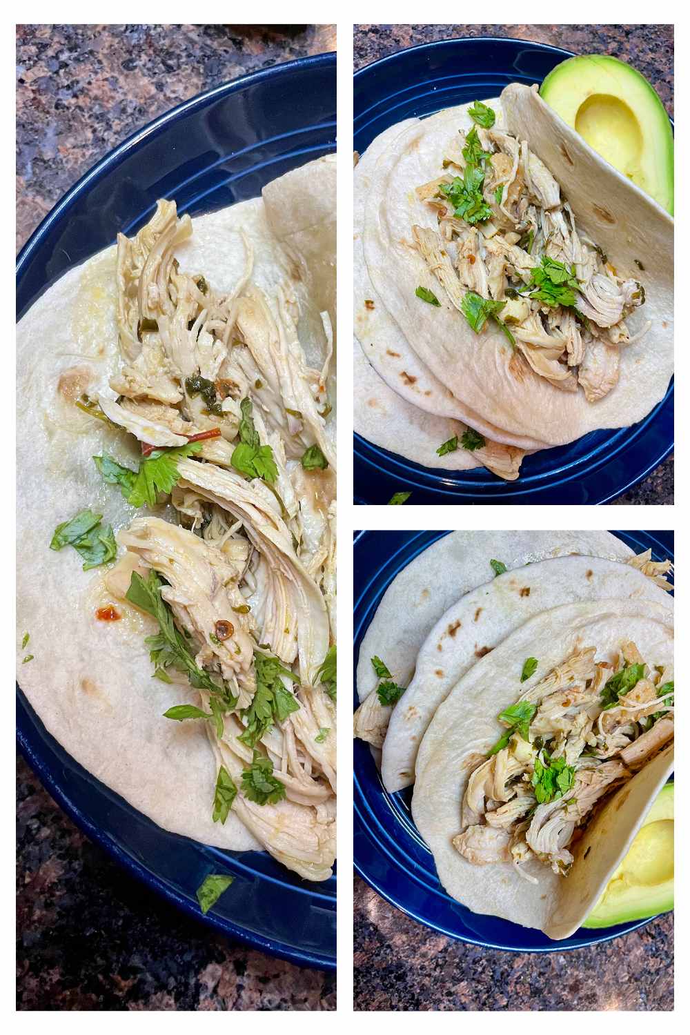 Collage of prepared chicken tacos.