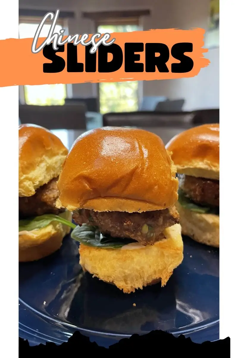 Chinese sliders prepared on plate with text overlay.