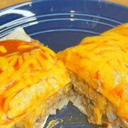 Overhead view of Taco Bell enchirito recipe prepared on plate.