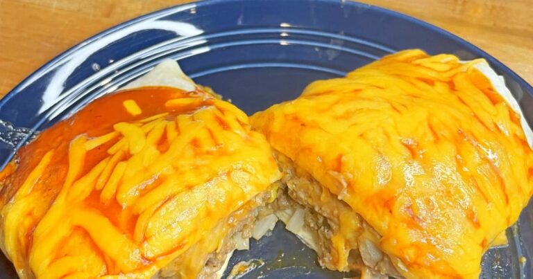 Overhead view of Taco Bell enchirito recipe prepared on plate.