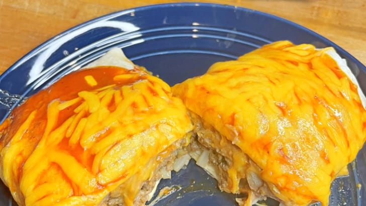 Overhead view of Taco Bell enchirito recipe prepared on plate.