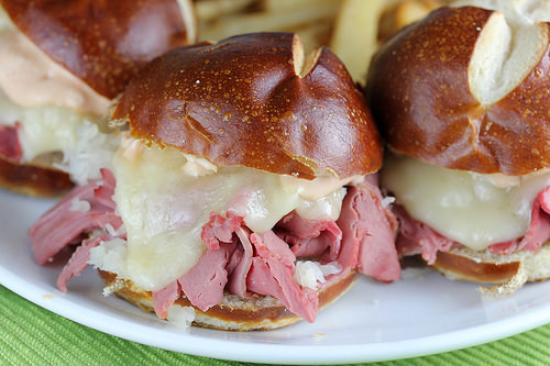 Reuben sliders, prepared.