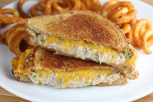 Grilled tuna and cheddar sandwich served with curly fries on a white plate