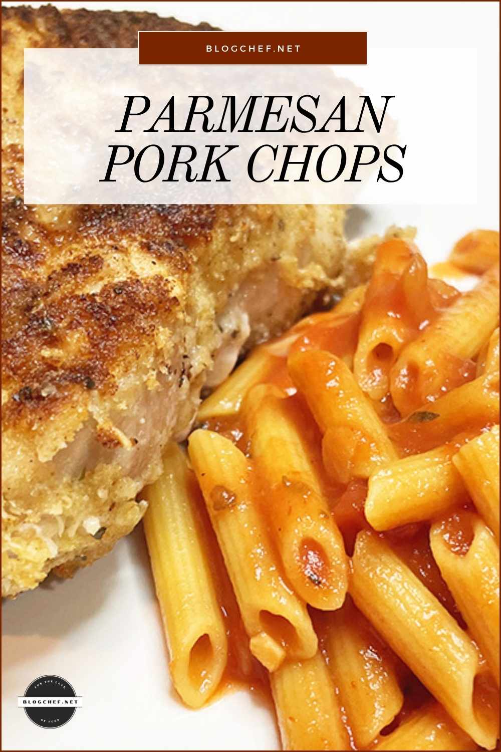 Prepared Parmesan pork chops on plate with pasta.