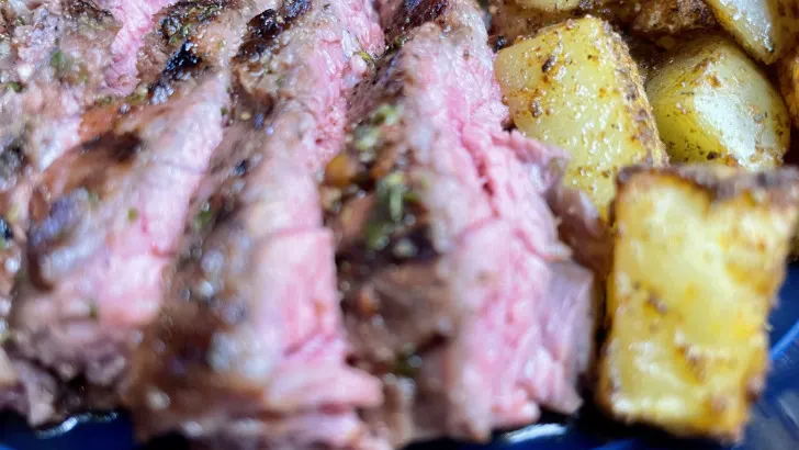 Flank steak prepared with Qdoba steak marinade recipe.