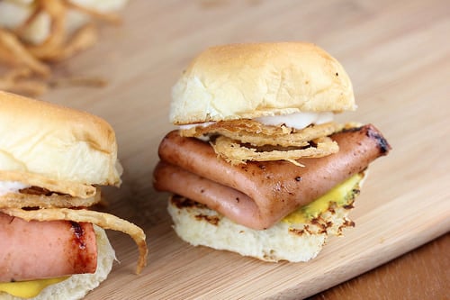 Fried bologna sliders.