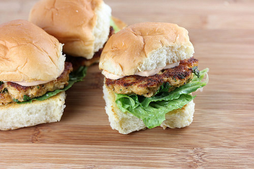 Prepared crab cake sliders.