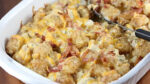 Close up of chicken bacon ranch tater tot casserole.