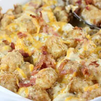 Close up of chicken bacon ranch tater tot casserole.