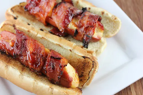 Bacon Wrapped Cheese Stuffed Hot Dogs