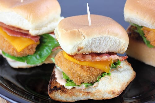 Chicken nugget sliders, prepared on dish. 